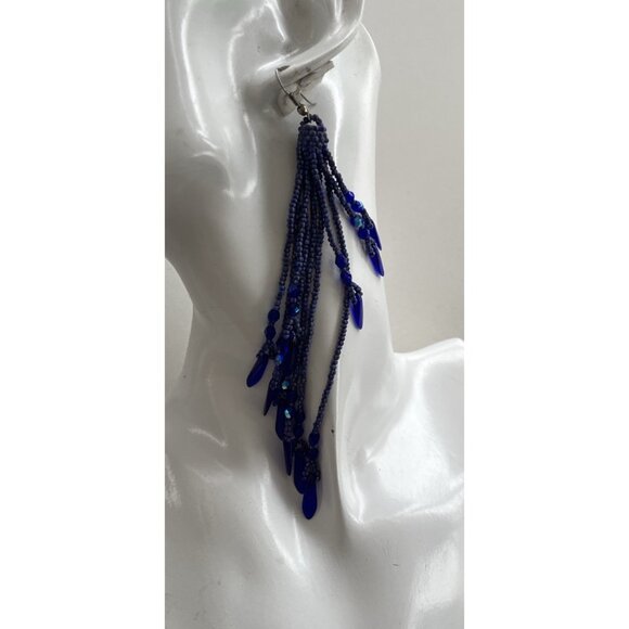 Vintage Boho Native Dark Blue Seed Glass Beaded Earrings Fringe Tassel Long 5.5” - Picture 2 of 9